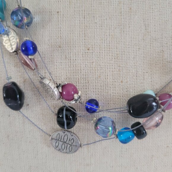 Lia Sophia Multistrand Necklace With Glass & Metal Beads In Blue Black & Purple - Picture 2 of 4